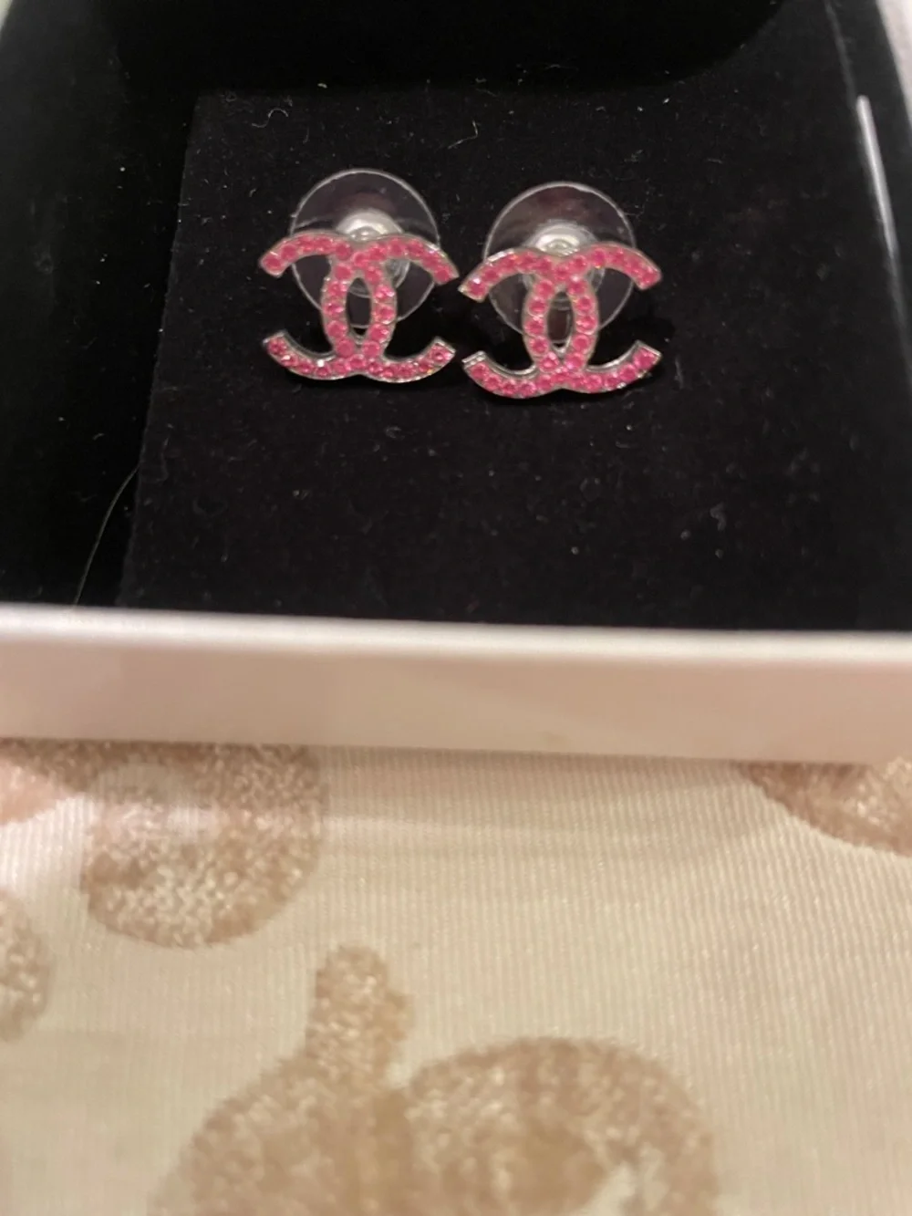 CHANEL Pink Crystal CC Logo Stud Earrings